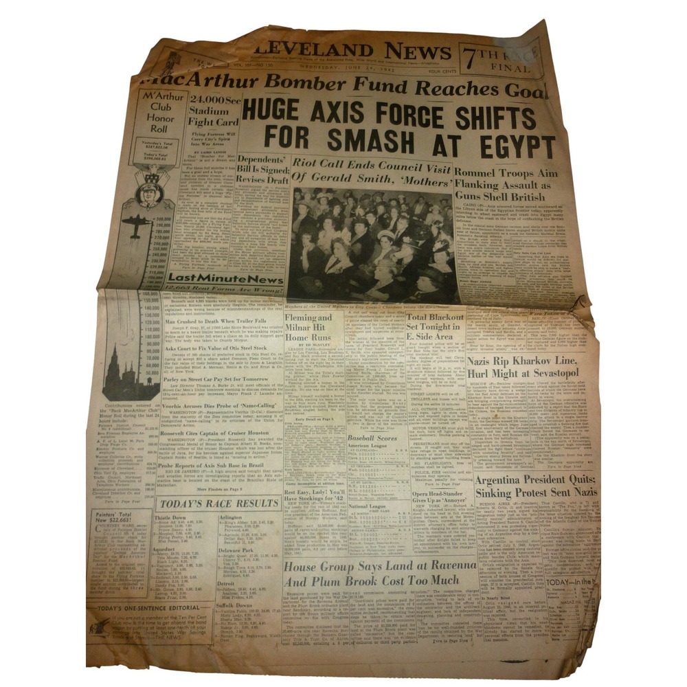 Vintage June 24 1942 Cleveland News Newspaper WWII Axis Smash Egypt Front Page